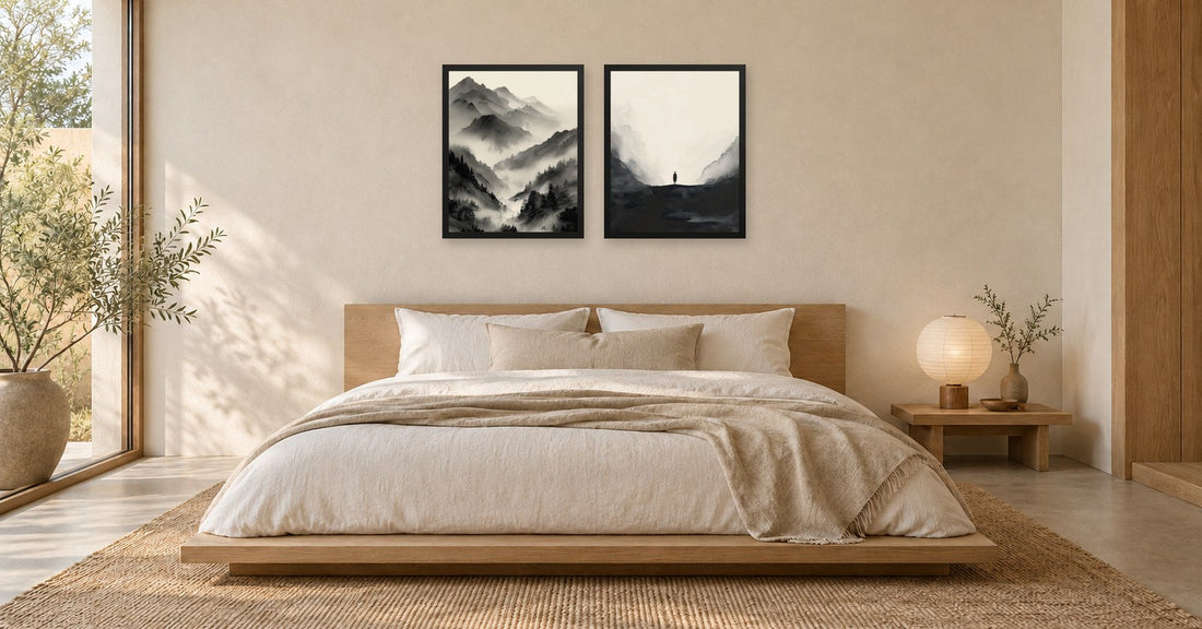 A Japandi bedroom with Mist Valley and Distant Figure in black frames above a low oak bed
