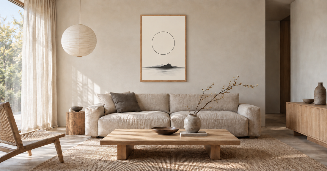 A Japandi living room with a linen sofa, low wooden furniture and Circle and Space in a red oak frame