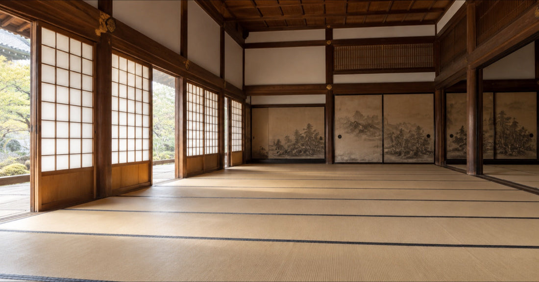 A wide, empty tatami room in a Japanese temple with shoji screens along one side