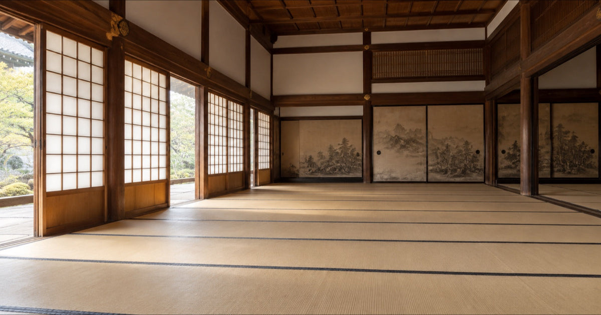 A wide, empty tatami room in a Japanese temple with shoji screens along one side