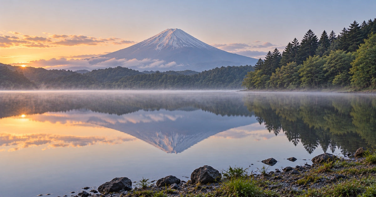 A perfectly still mountain lake at dawn, with trees mirrored in the water