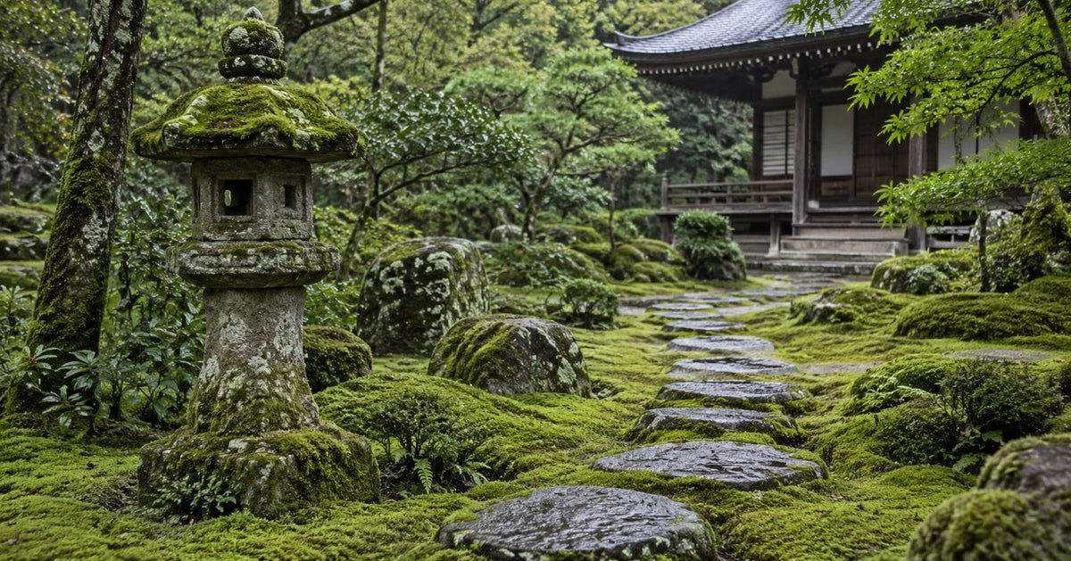 A moss-covered stone lantern and stepping stones in a Japanese temple garden