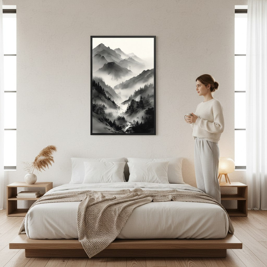 Mist Valley framed print — Japandi zen ink wall art in Bedroom setting