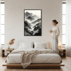 Mist Valley framed print — Japandi zen ink wall art in Bedroom setting