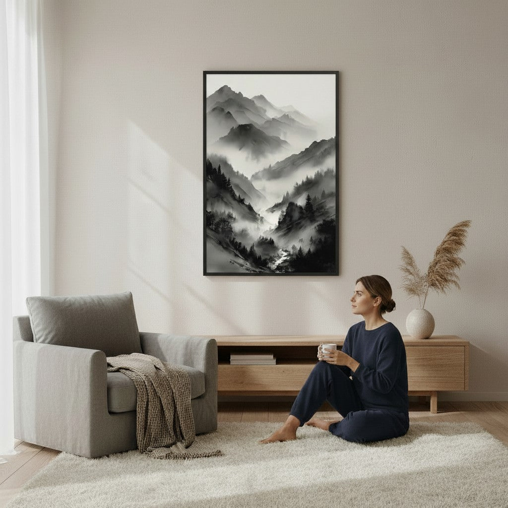 Mist Valley framed print — Japandi zen ink wall art in Living Room setting