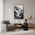 Mist Valley framed print — Japandi zen ink wall art in Living Room setting