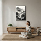 Mist Valley framed print — Japandi zen ink wall art in Reading Nook setting