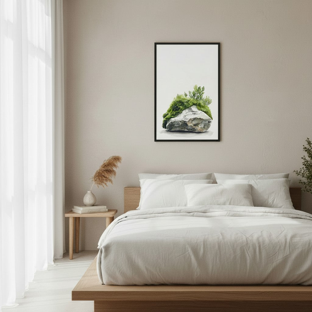 Moss and Time framed print — Japandi wabi-sabi wall art in Bedroom setting
