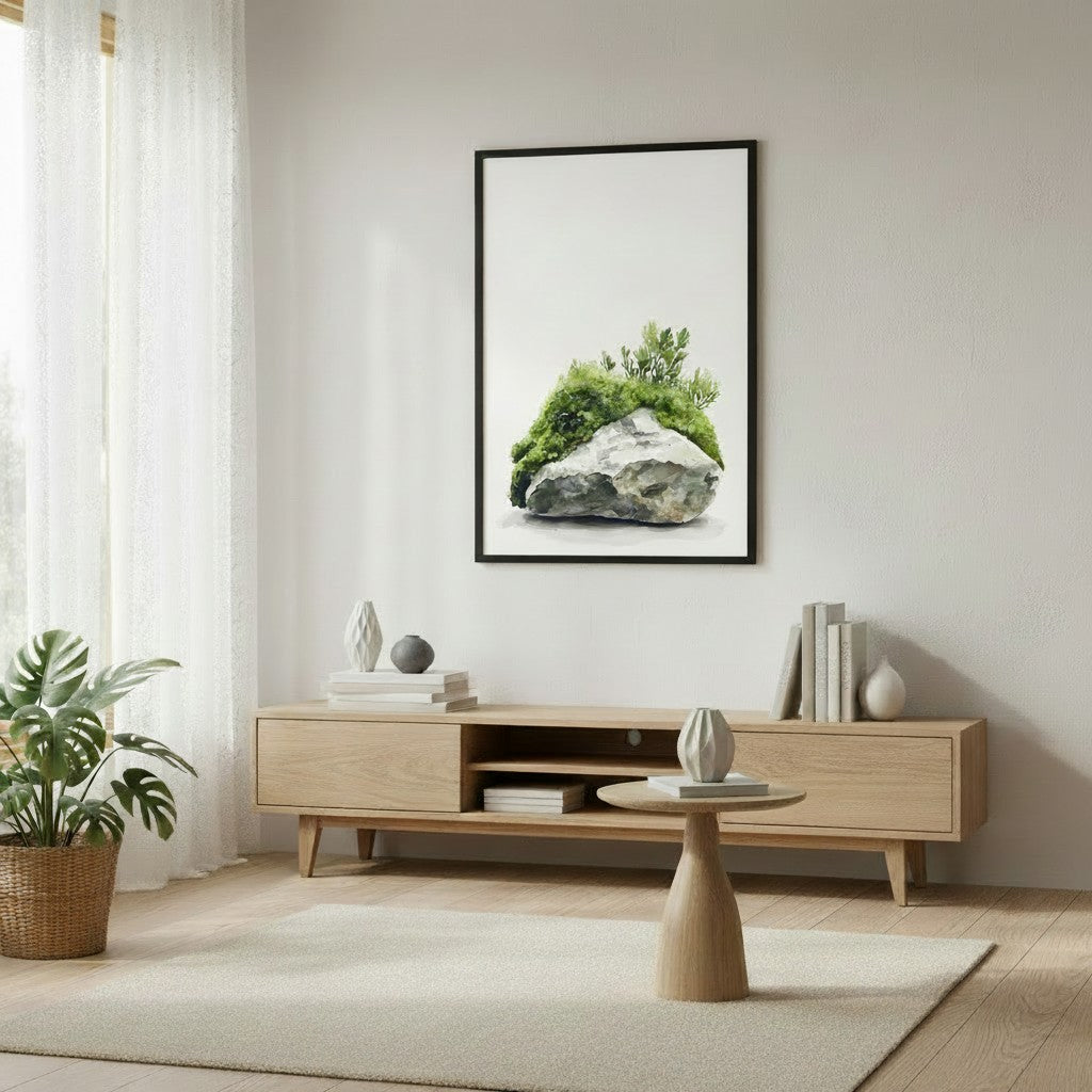Moss and Time framed print — Japandi wabi-sabi wall art in Living Room setting