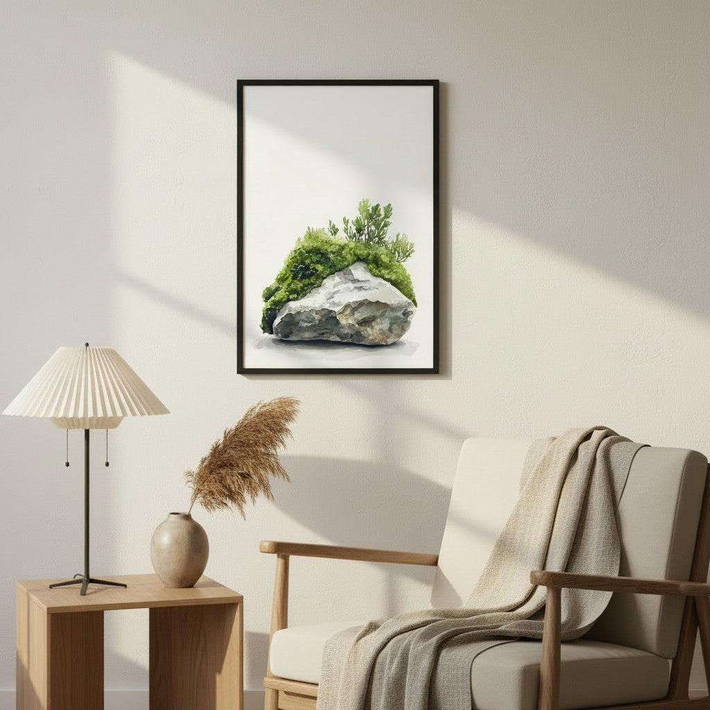 Moss and Time framed print — Japandi wabi-sabi wall art in Reading Nook setting