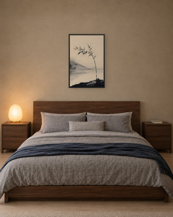 Bamboo in Wind in a Japandi bedroom, 24 × 36 in · Black frame