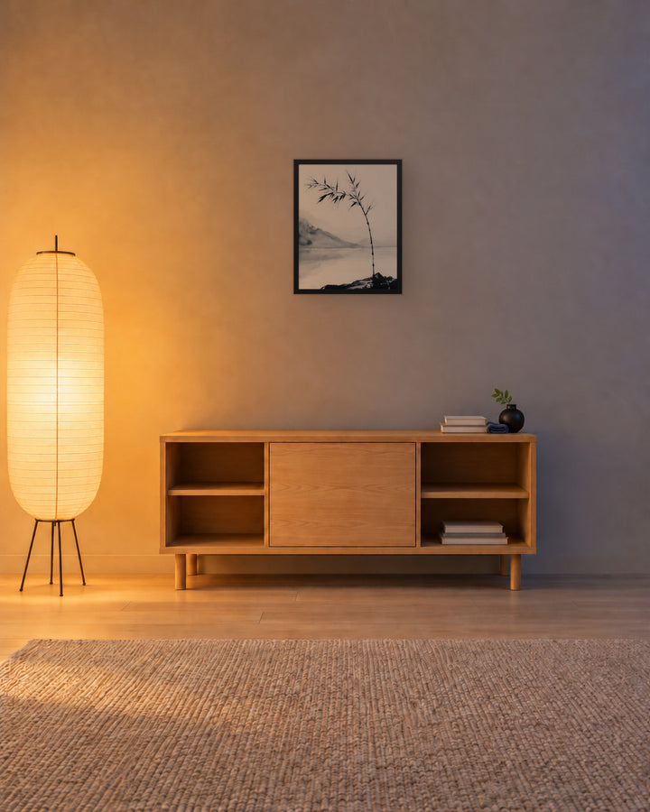 Bamboo in Wind in a Japandi living room, 16 × 20 in · Black frame