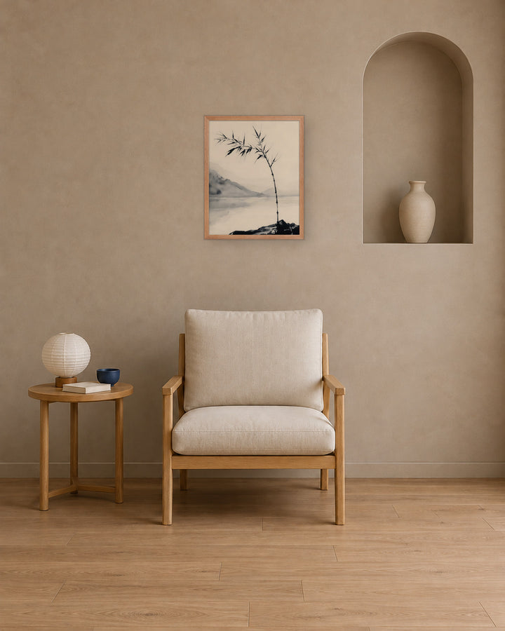 Bamboo in Wind in a Japandi reading nook, 16 × 20 in · Natural frame