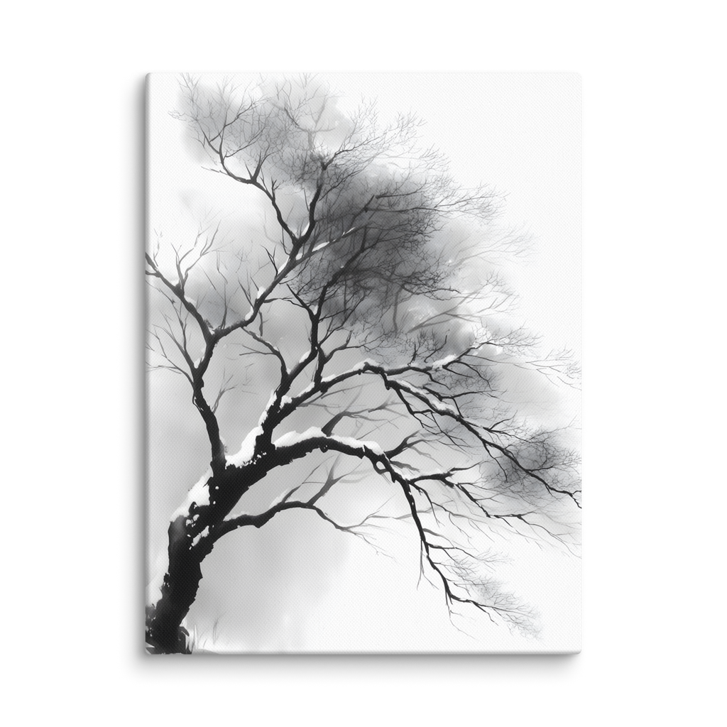 Winter Branch — Japandi zen ink canvas, minimalist Japanese wall art