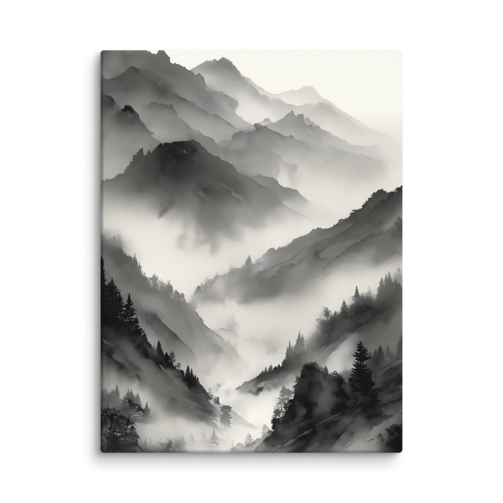 Mist Valley — Japandi zen ink canvas, minimalist Japanese wall art
