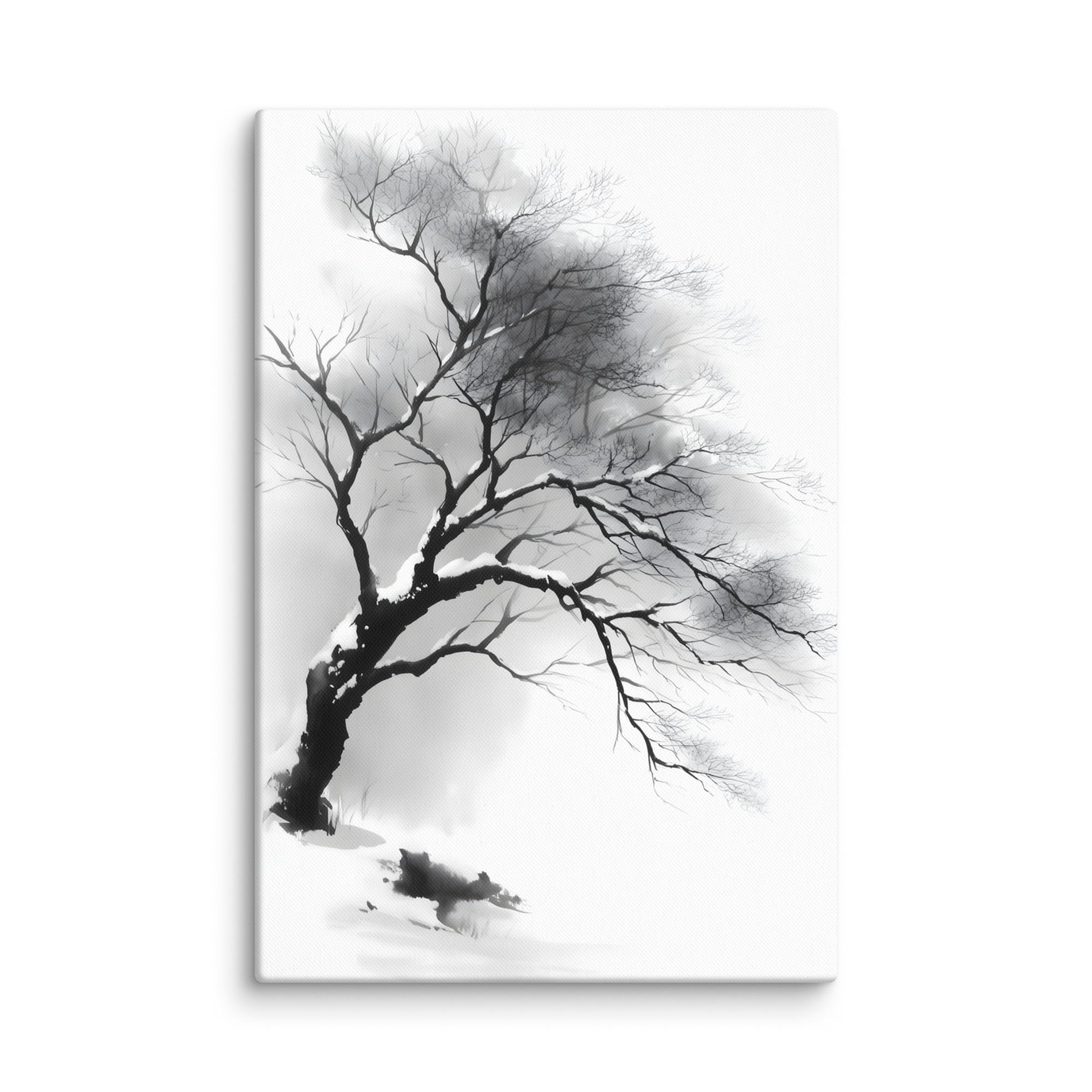 Winter Branch — Japandi zen ink canvas, minimalist Japanese wall art