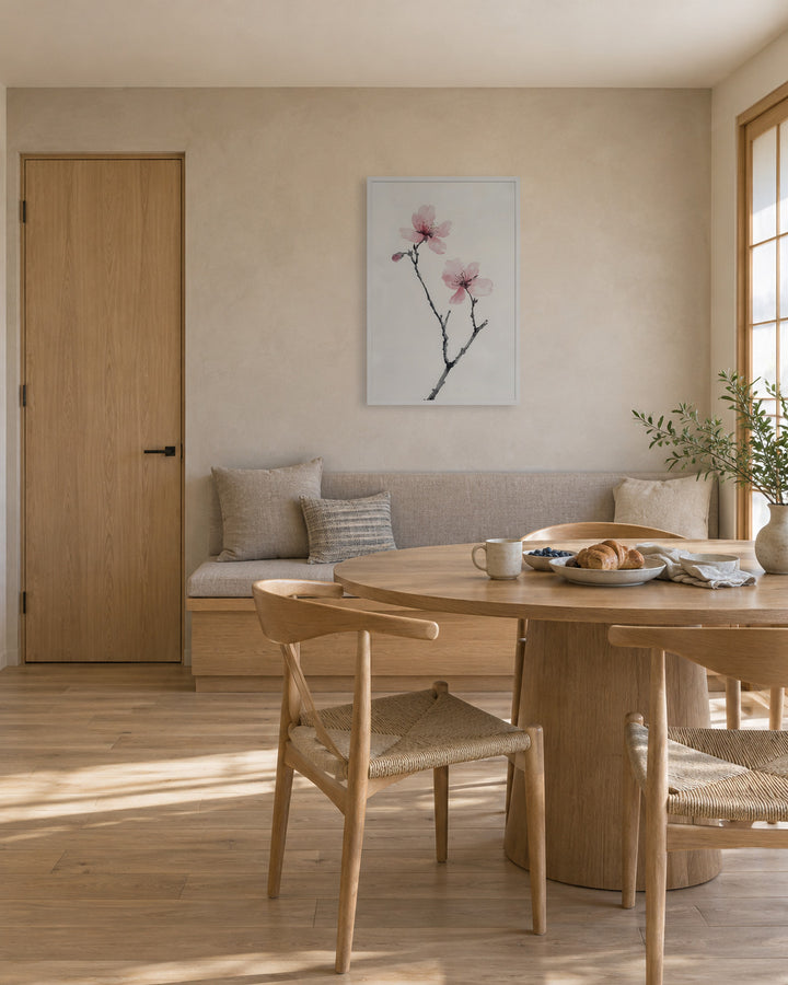 Cherry Absence in a Japandi dining nook, 24 × 36 in · White frame