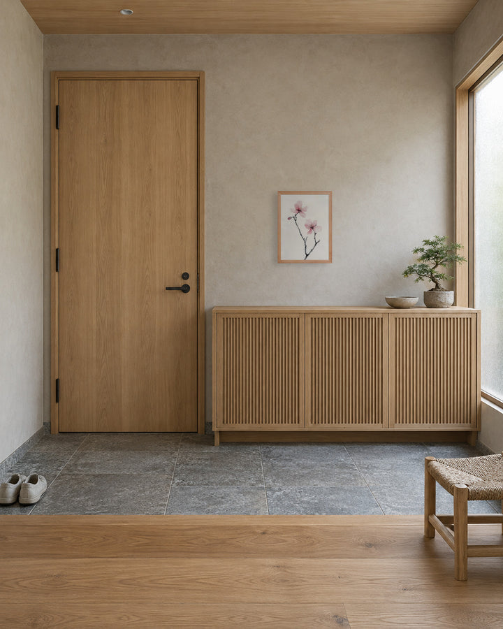 Cherry Absence in a Japandi entryway, 12 × 16 in · Natural frame