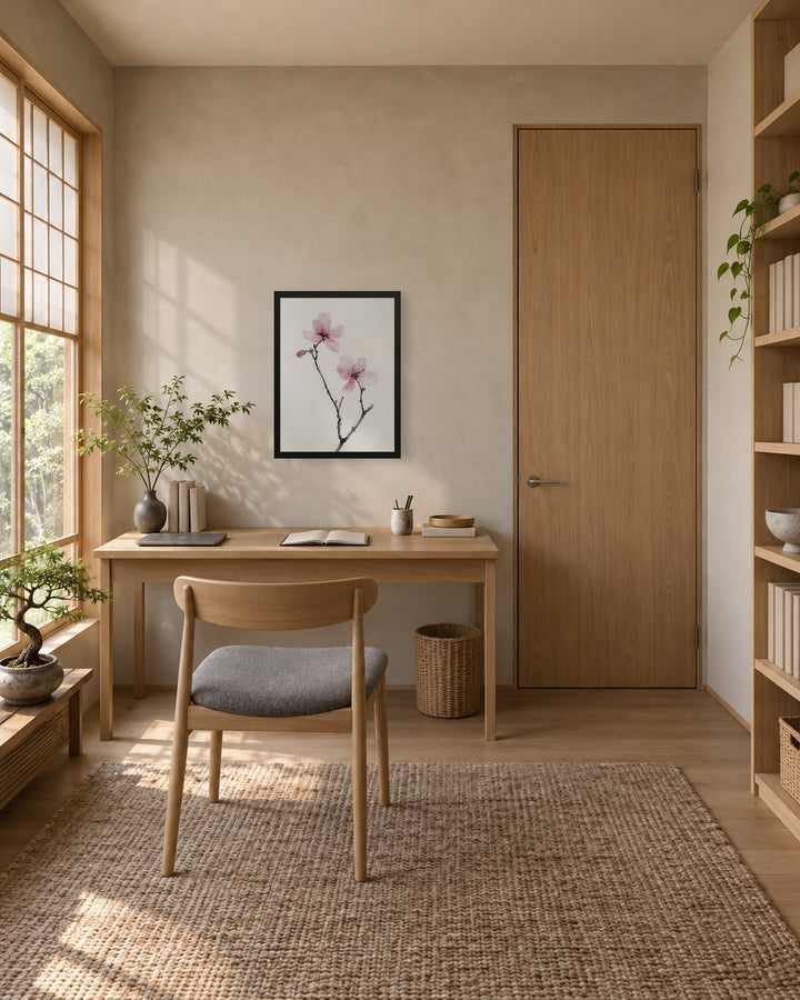 Cherry Absence in a Japandi home office, 18 × 24 in · Black frame