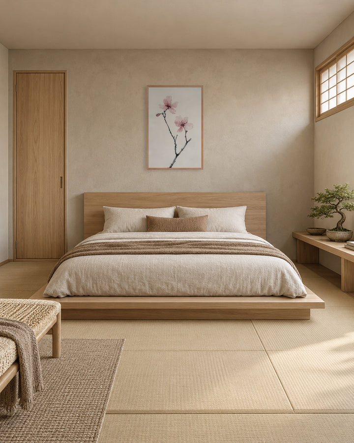 Cherry Absence in a Japandi bedroom, 24 × 36 in · Natural frame