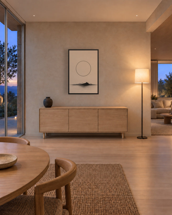 Circle and Space in a Japandi living room, 24 × 36 in · Black frame