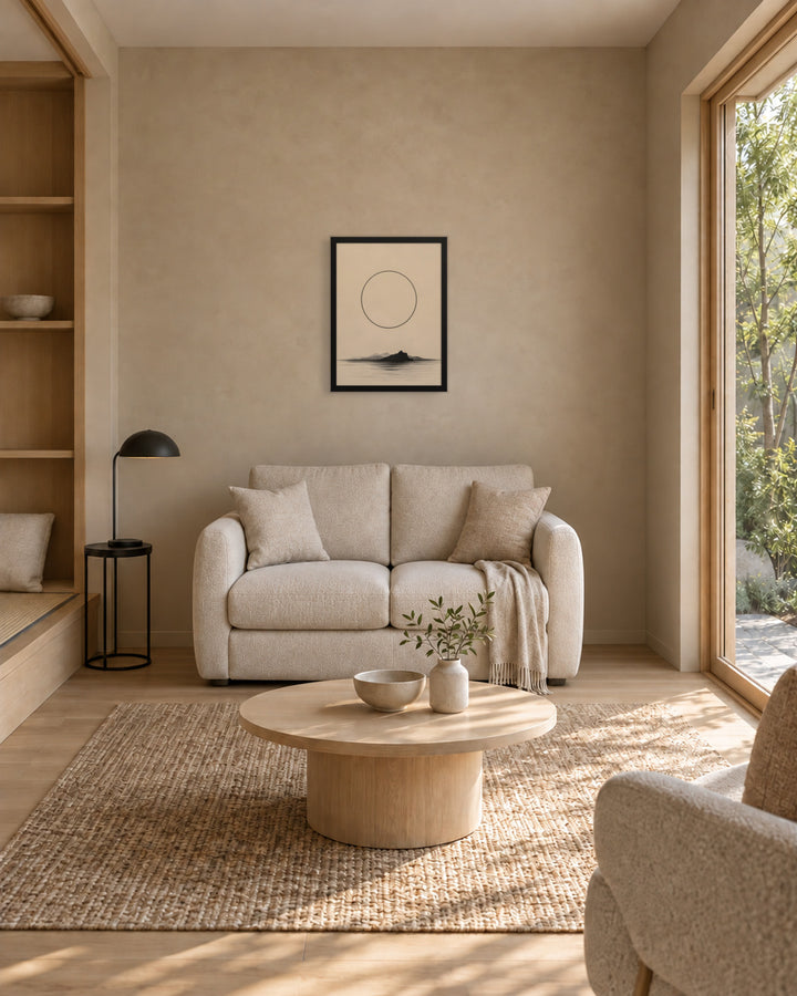 Circle and Space in a Japandi den, 18 × 24 in · Black frame