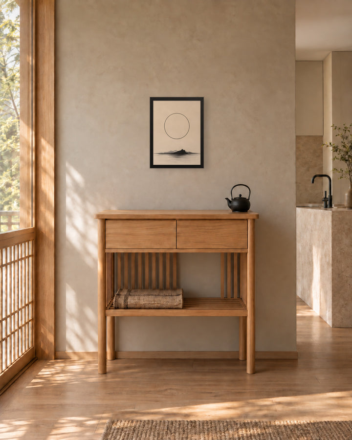 Circle and Space in a Japandi tea corner, 12 × 16 in · Black frame
