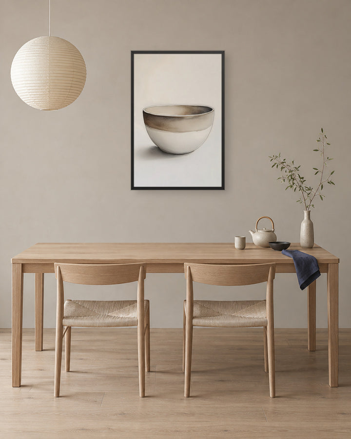 Clay Form in a Japandi dining room, 24 × 36 in · Black frame