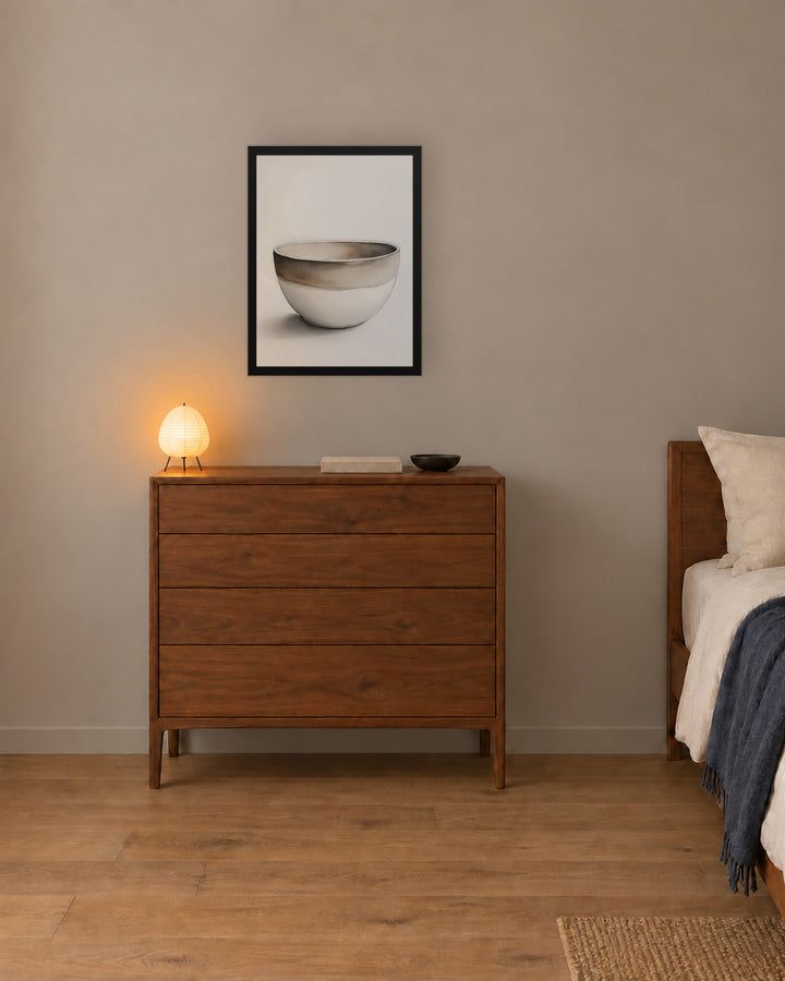 Clay Form in a Japandi bedroom, 18 × 24 in · Black frame