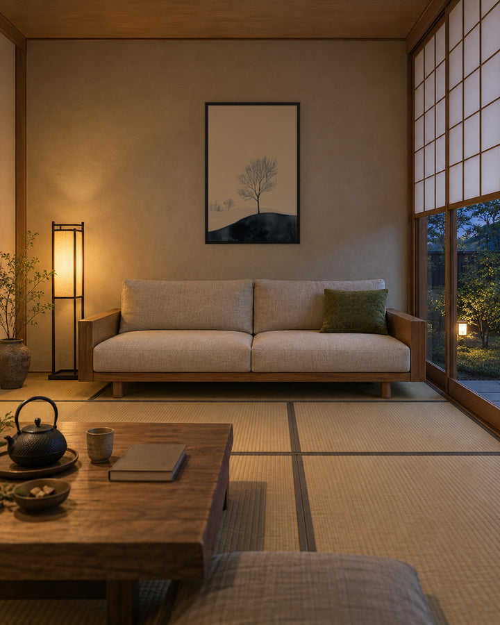 Distant Divide in a Japandi living room, 24 × 36 in · Black frame