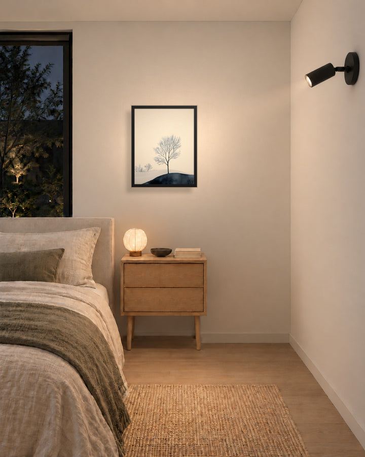 Distant Divide in a Japandi bedroom, 16 × 20 in · Black frame