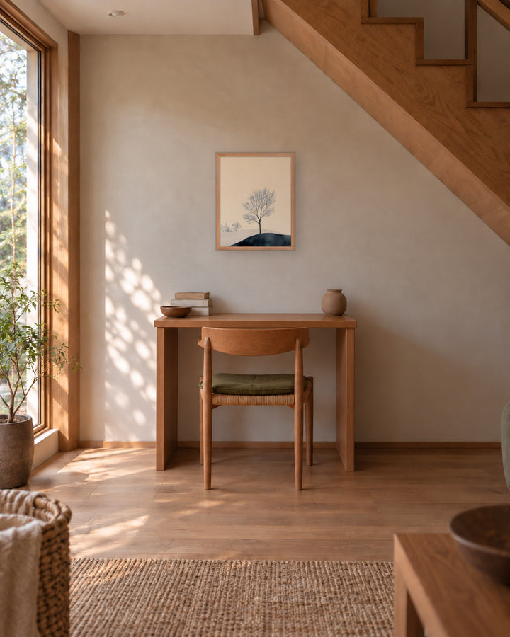 Distant Divide in a Japandi home office, 16 × 20 in · Natural frame