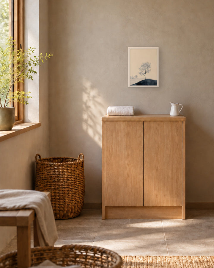 Distant Divide in a Japandi laundry room, 12 × 16 in · White frame