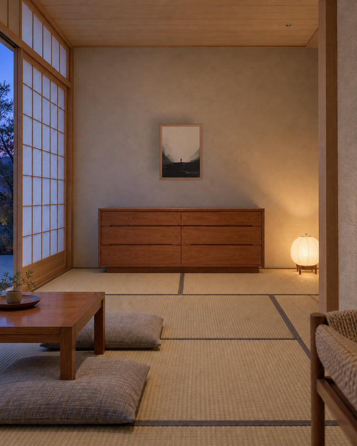 Distant Figure in a Japandi tatami room, 18 × 24 in · Natural frame