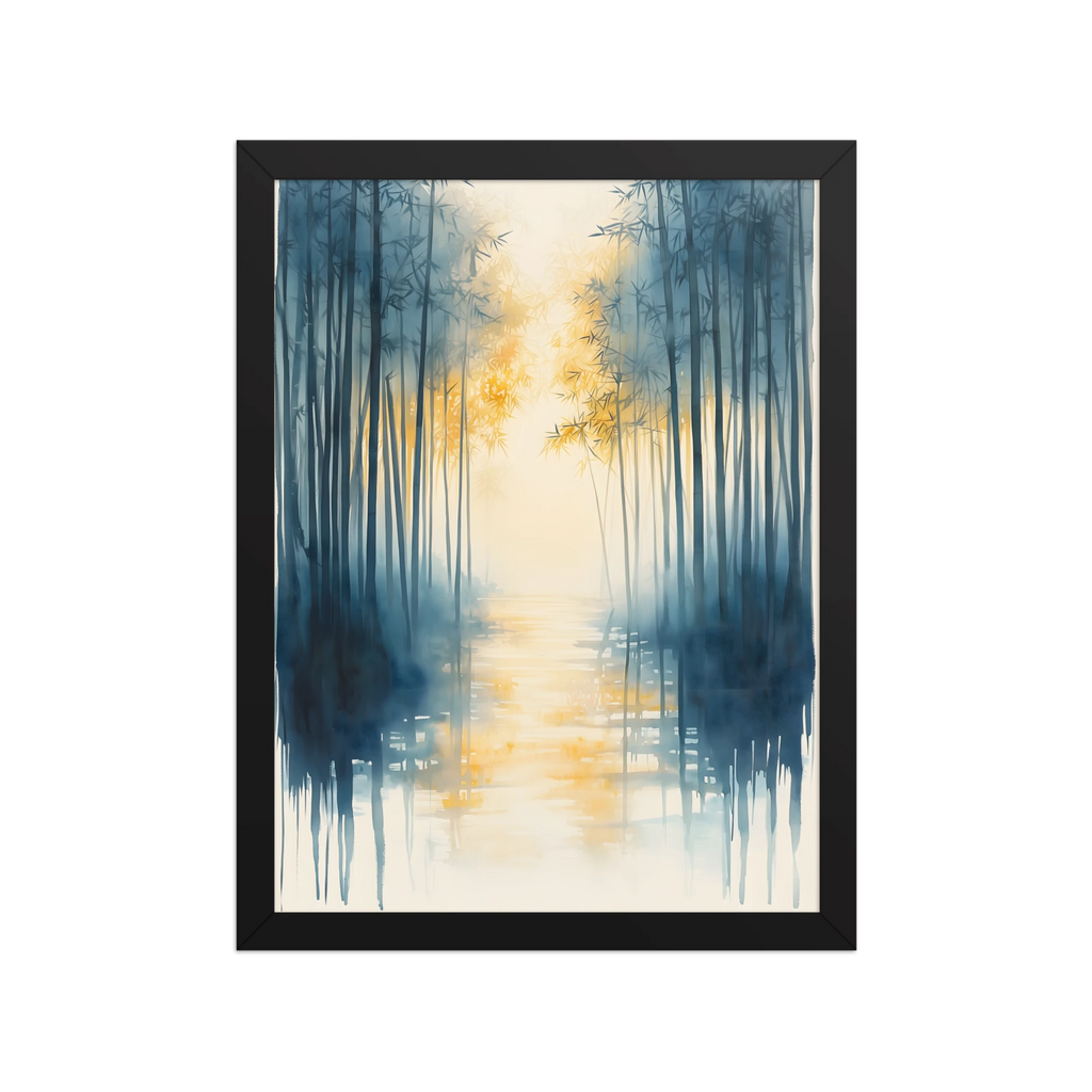 Morning Mist — Japandi komorebi framed print, minimalist Japanese wall art