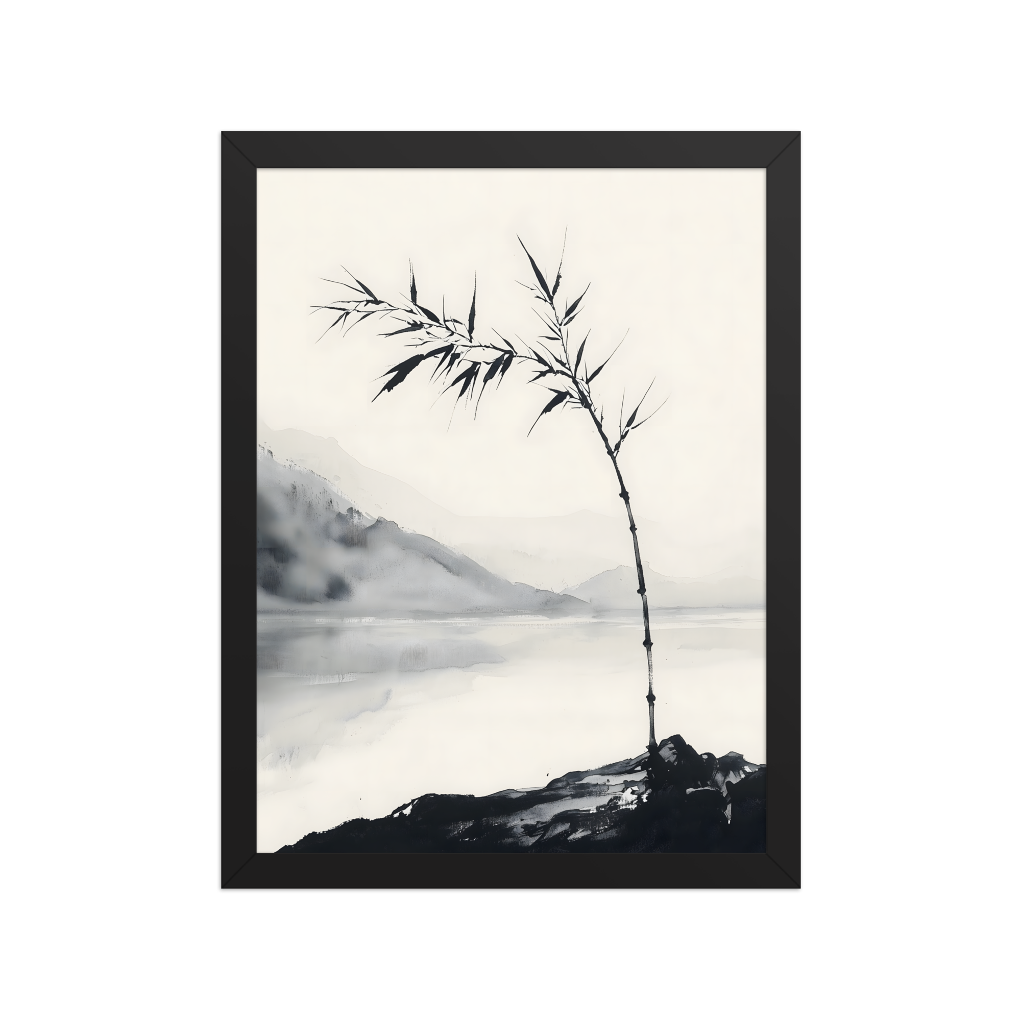 Bamboo in Wind — Japandi zen ink framed print, minimalist Japanese wall art