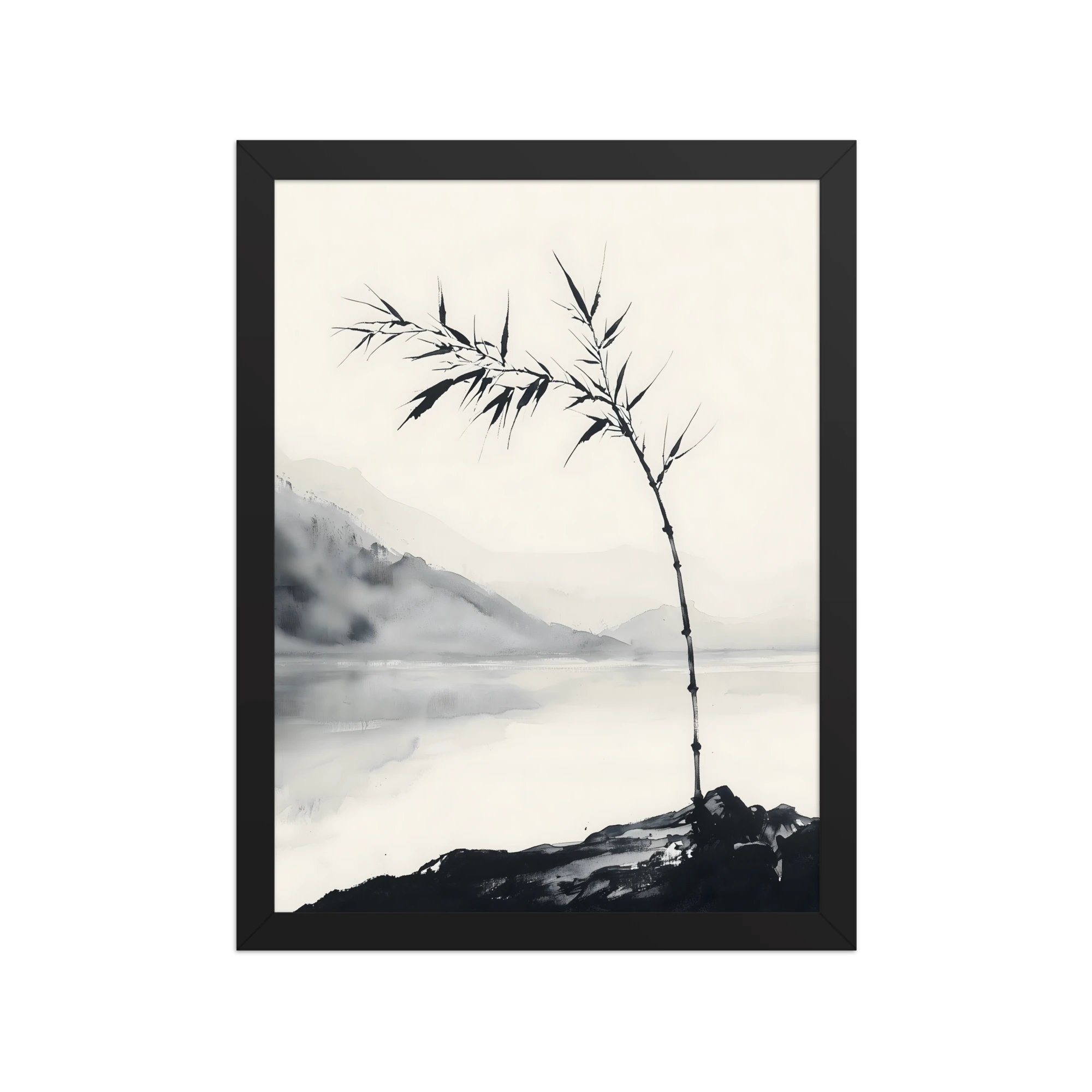 Bamboo in Wind — Japandi zen ink framed print, minimalist Japanese wall art