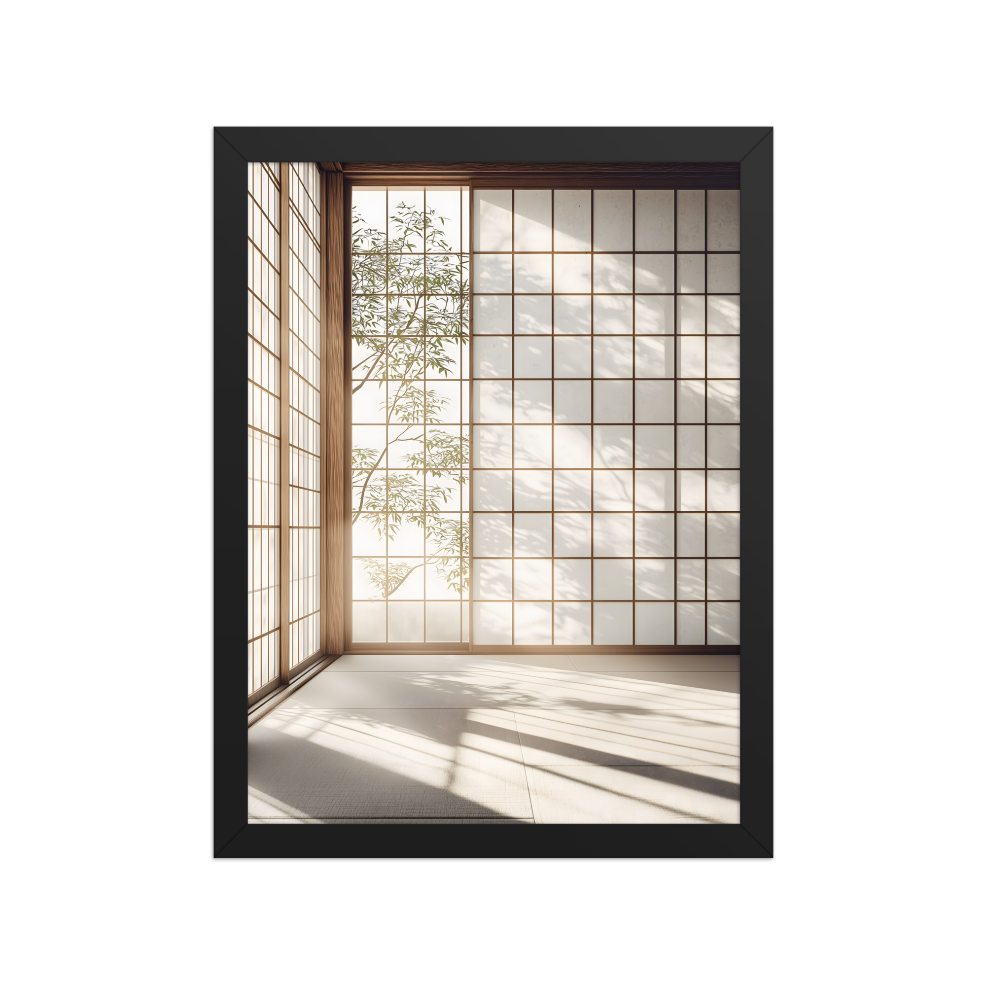 Shoji Light — Japandi komorebi framed print, minimalist Japanese wall art