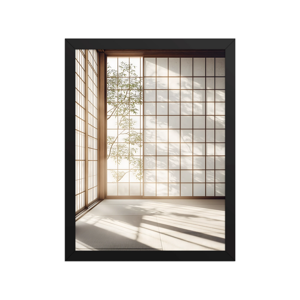Shoji Light — Japandi komorebi framed print, minimalist Japanese wall art