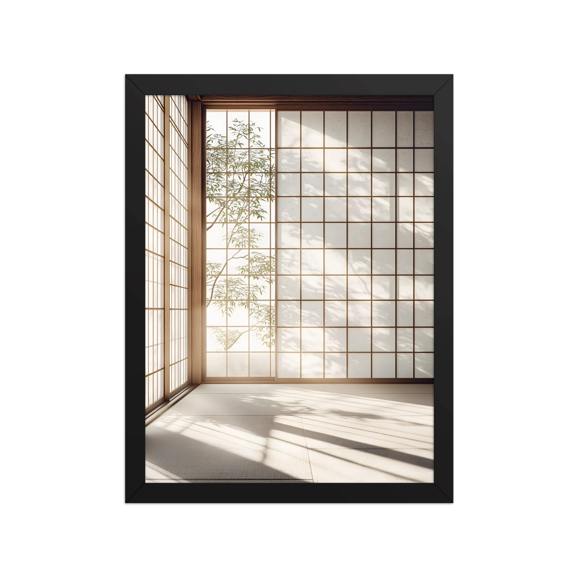 Shoji Light — Japandi komorebi framed print, minimalist Japanese wall art