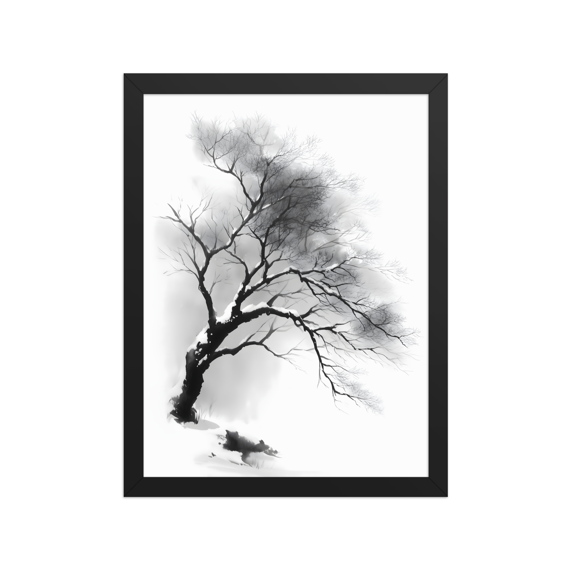 Winter Branch — Japandi zen ink framed print, minimalist Japanese wall art