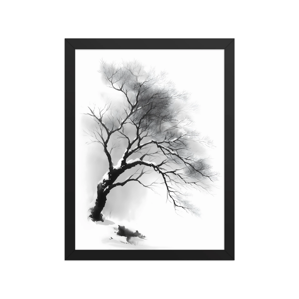 Winter Branch — Japandi zen ink framed print, minimalist Japanese wall art
