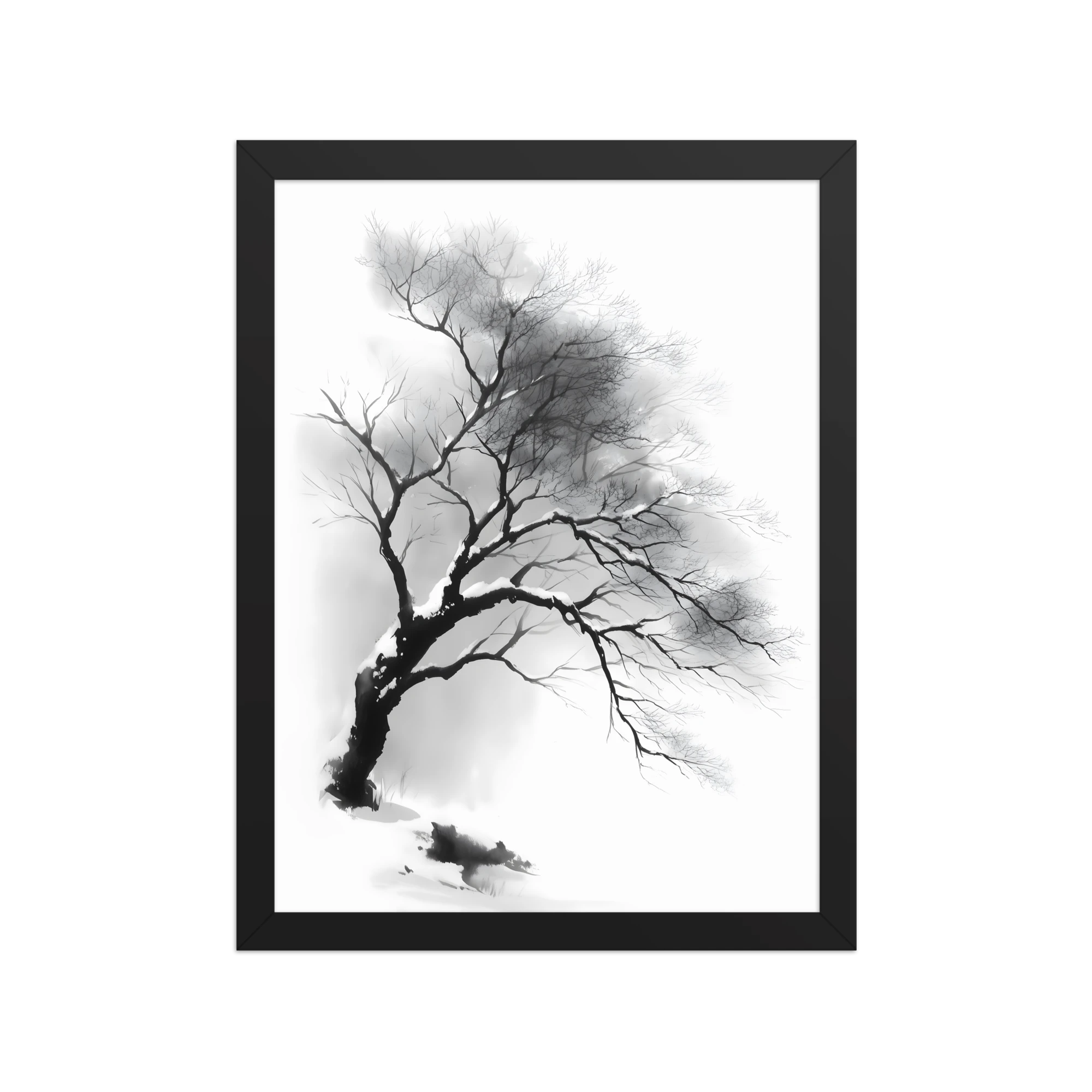 Winter Branch — Japandi zen ink framed print, minimalist Japanese wall art