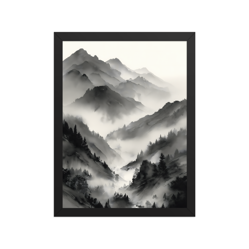 Mist Valley — Japandi zen ink framed print, minimalist Japanese wall art