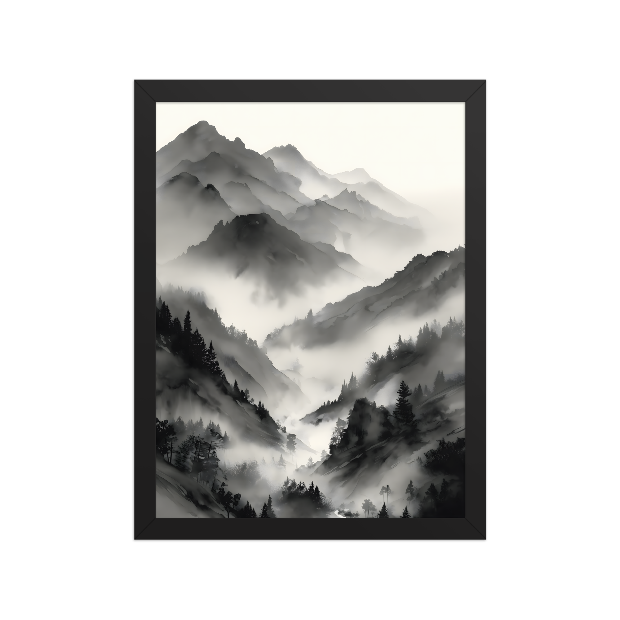 Mist Valley — Japandi zen ink framed print, minimalist Japanese wall art