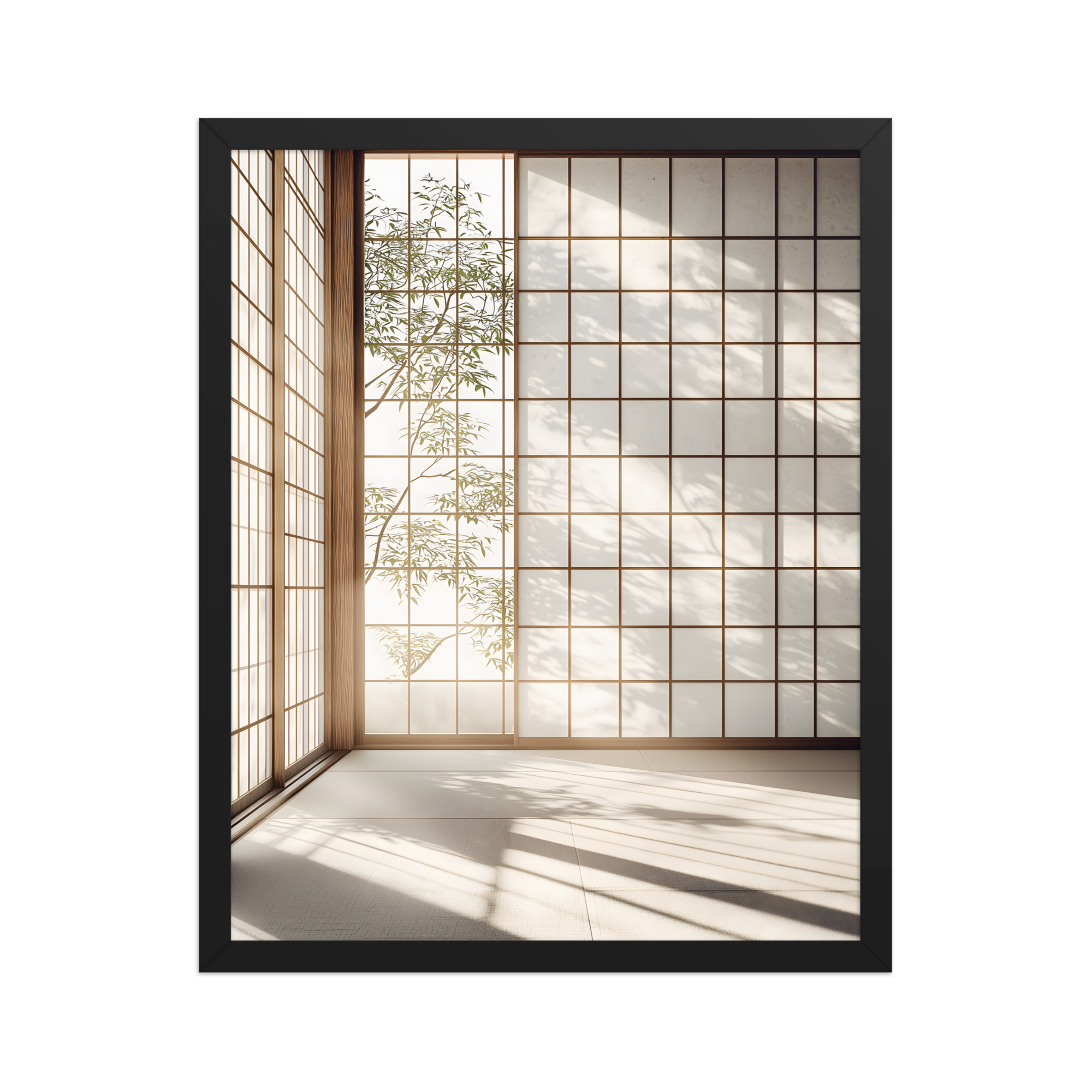 Shoji Light — Japandi komorebi framed print, minimalist Japanese wall art