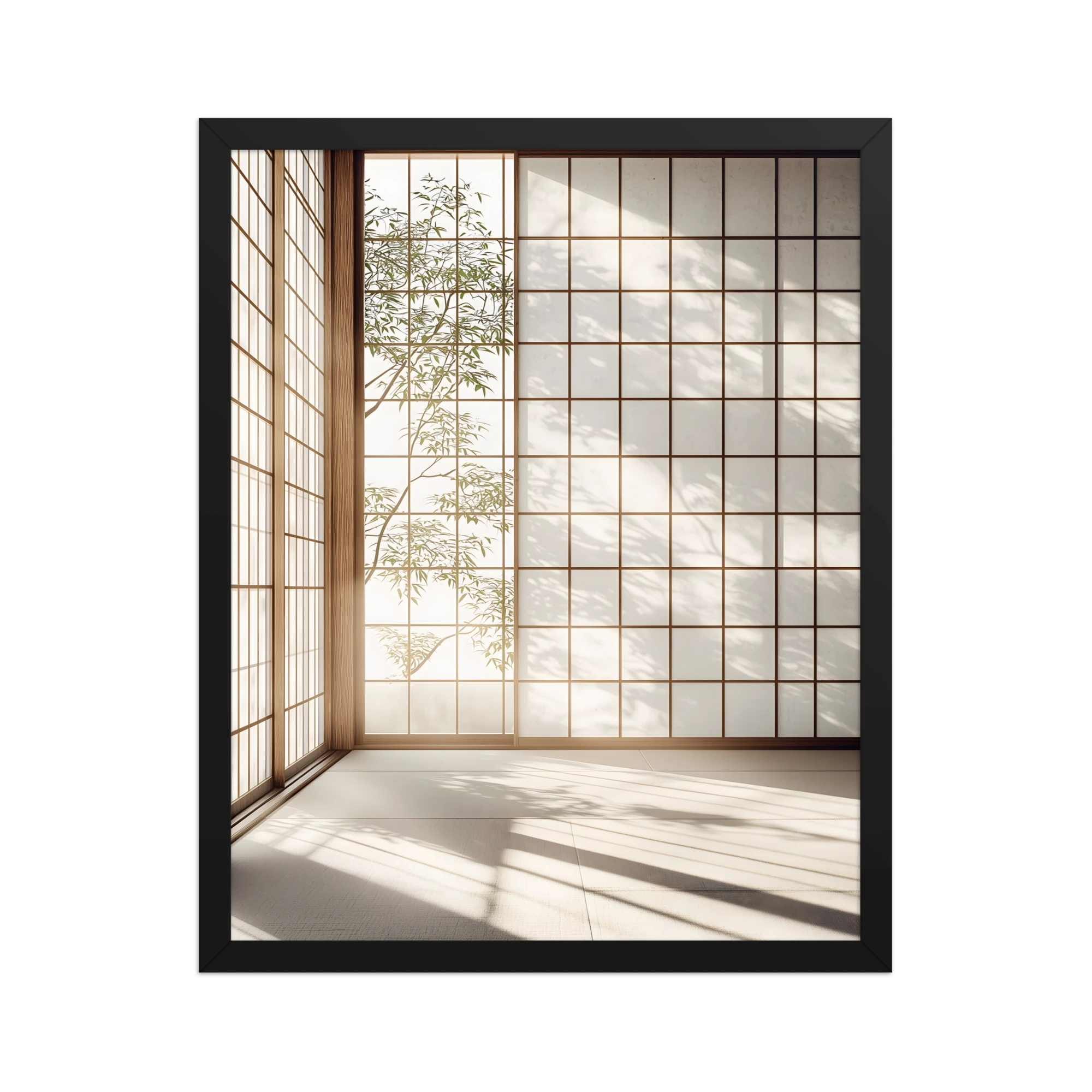 Shoji Light — Japandi komorebi framed print, minimalist Japanese wall art