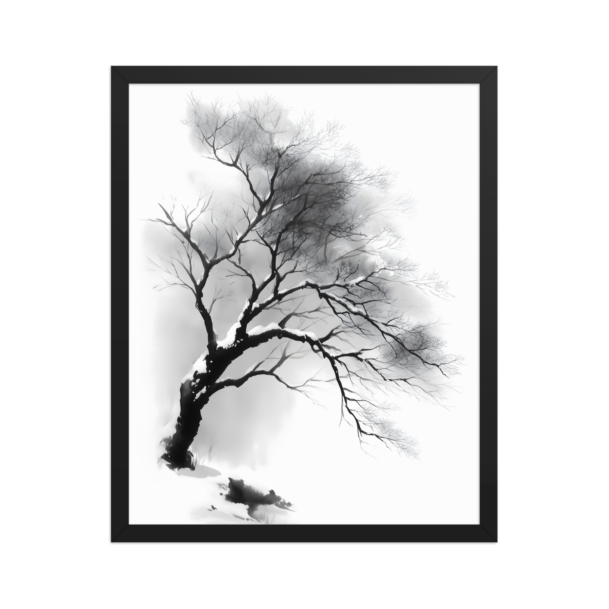 Winter Branch — Japandi zen ink framed print, minimalist Japanese wall art