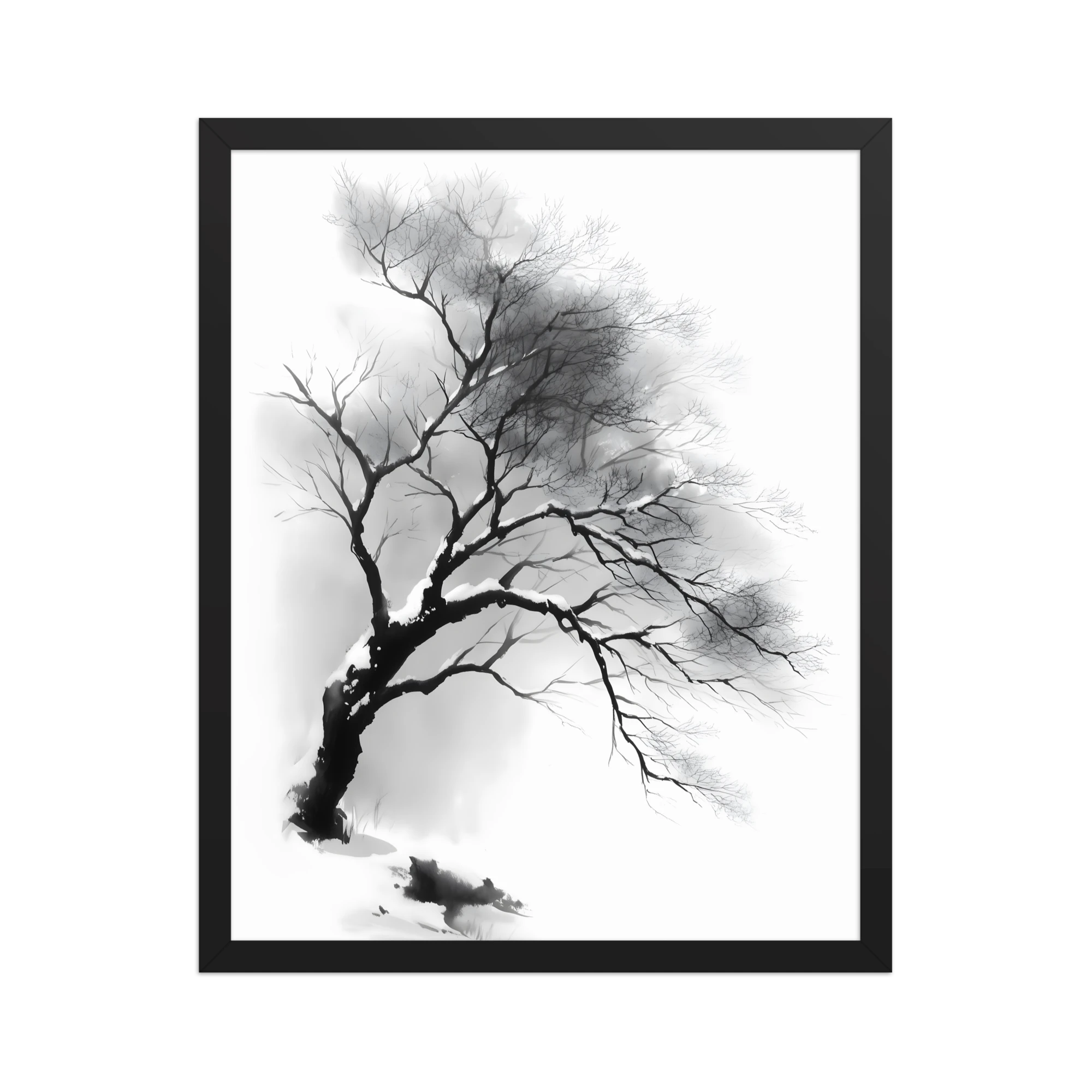 Winter Branch — Japandi zen ink framed print, minimalist Japanese wall art