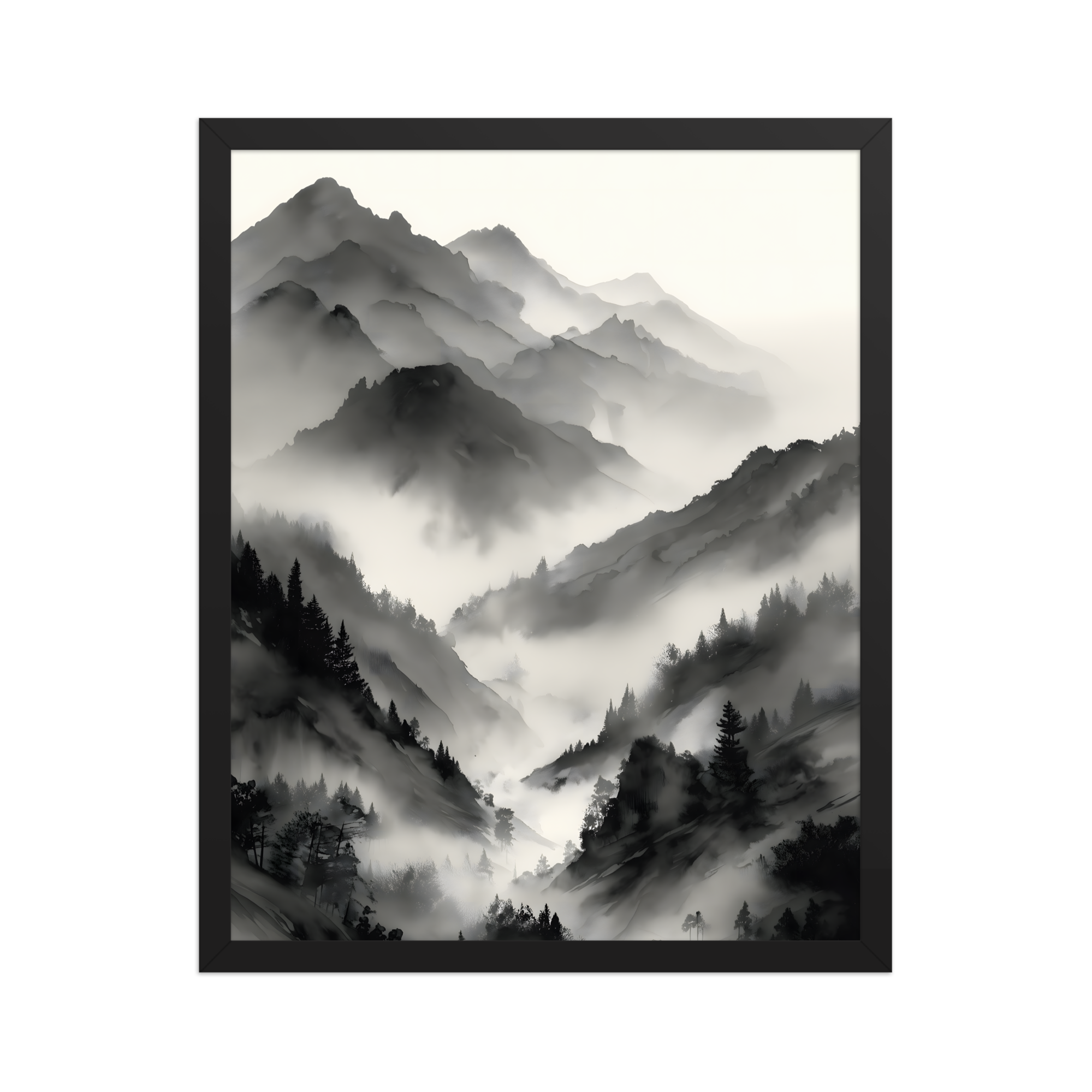 Mist Valley — Japandi zen ink framed print, minimalist Japanese wall art